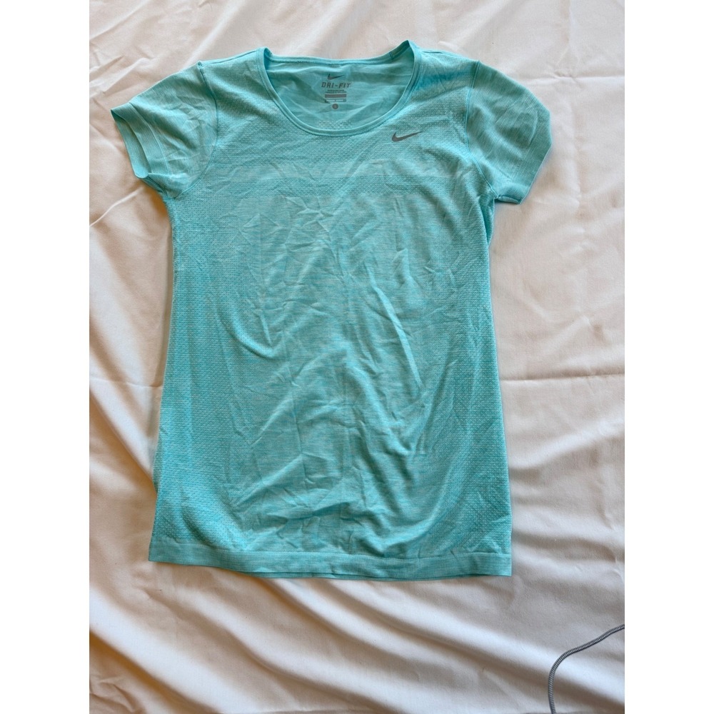 Nike Dri-FIT Womens Training Shirt Aqua Blue Heather Short Sleeve Gym Top Small